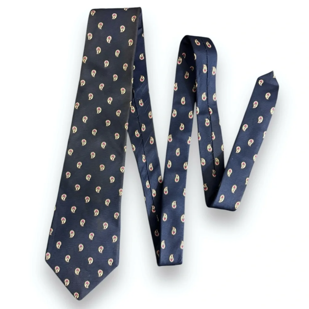 CHRISTIAN DIOR 100% Silk Tie Navy with Yellow & Red Paisley